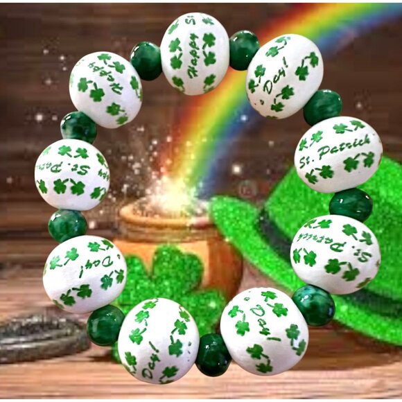 Happy St Patricks Day Shamrock Wood Beaded Stretch Bracelet Marbled Acce… - Picture 5 of 12